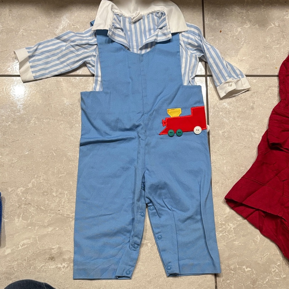 Bryan vintage Blue Striped Baby Romper with Train Design